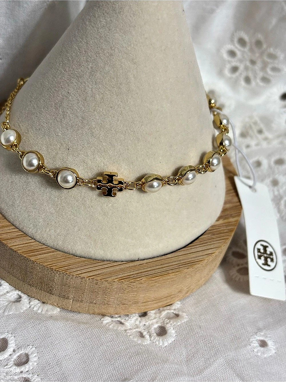 Tory Burch Kira Pearl Chain Bracelet Pearl Pendant Necklace in Gold & White NWT